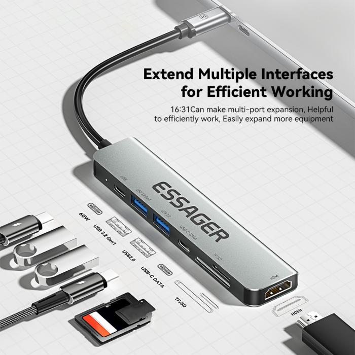 Bild 4, ESSAGER ESSAGER USB-C Hub 60W PD 7-Port Grå