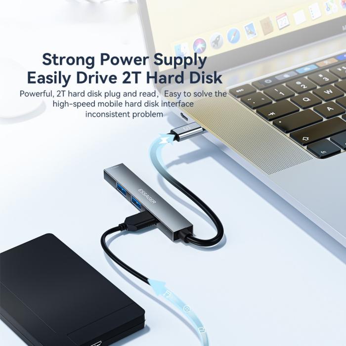 Bild 4, ESSAGER ESSAGER USB-C Hub 4x USB-A 2.0 Portar Aluminium Grå