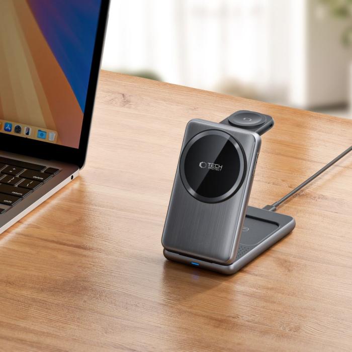 Bild 5, Tech-Protect Tech-Protect 3in1 15W Qi MagSafe Vikbar Laddare Space Grey