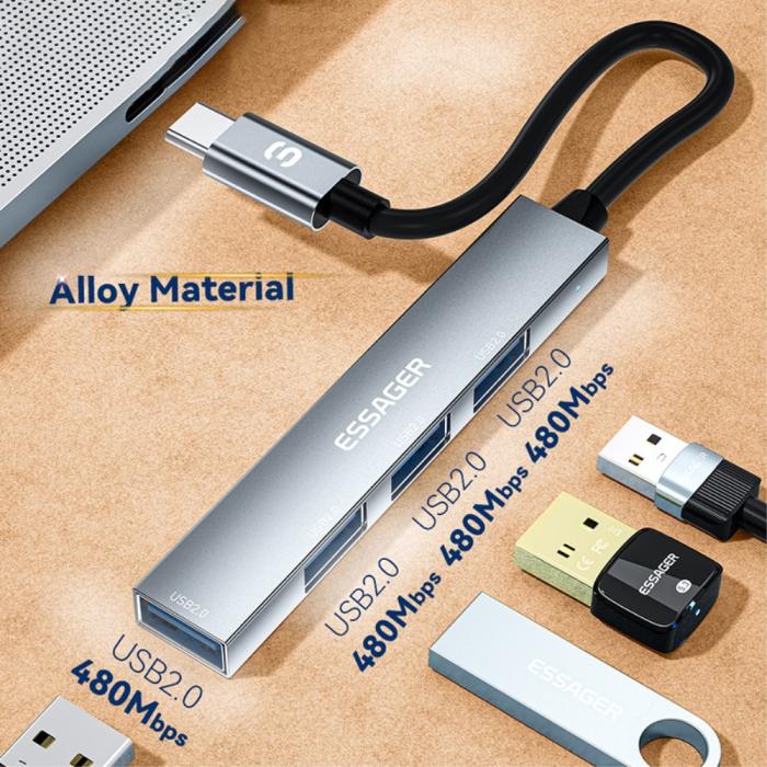 Bild 6, ESSAGER ESSAGER USB-C Hub 4x USB-A 2.0 Portar Aluminium Grå