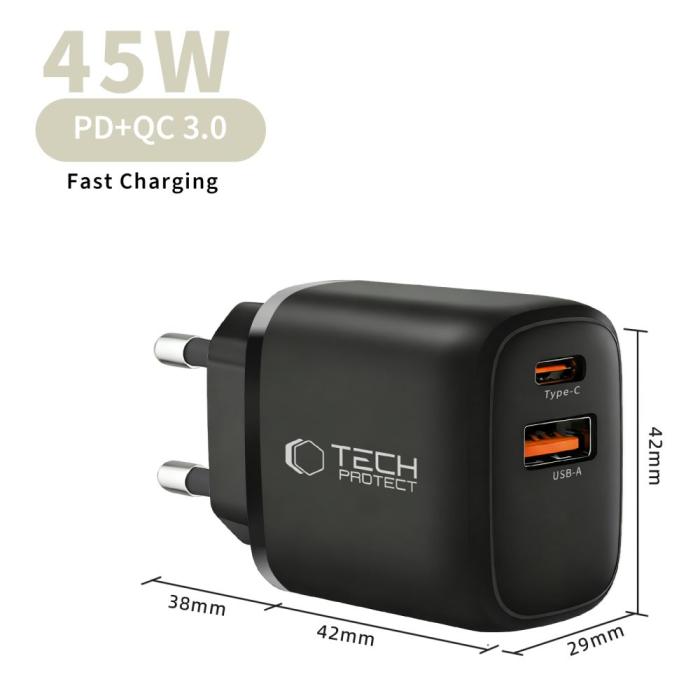 Bild 6, Tech-Protect Tech-Protect 45W PD QC3.0 Väggladdare USB-C / USB-A Svart