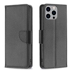  iPhone 15 Pro Max Fodral Litchi Shark L&auml;der Svart