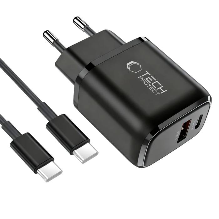 Bild 2, Tech-Protect Tech-Protect 45W Väggladdare Inkl. USB-C - USB-C Kabel Svart