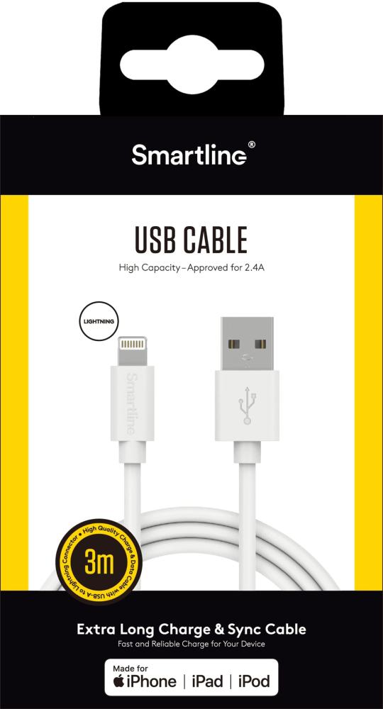 Smartline Smartline 3m Lightning MFi Laddningskabel Vit