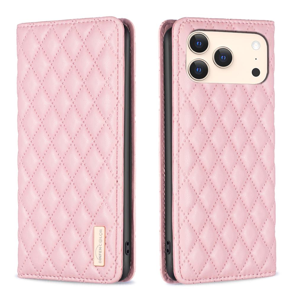 BINFEN BINFEN iPhone 17 Pro Fodral Flip Diamond Läder Rosa