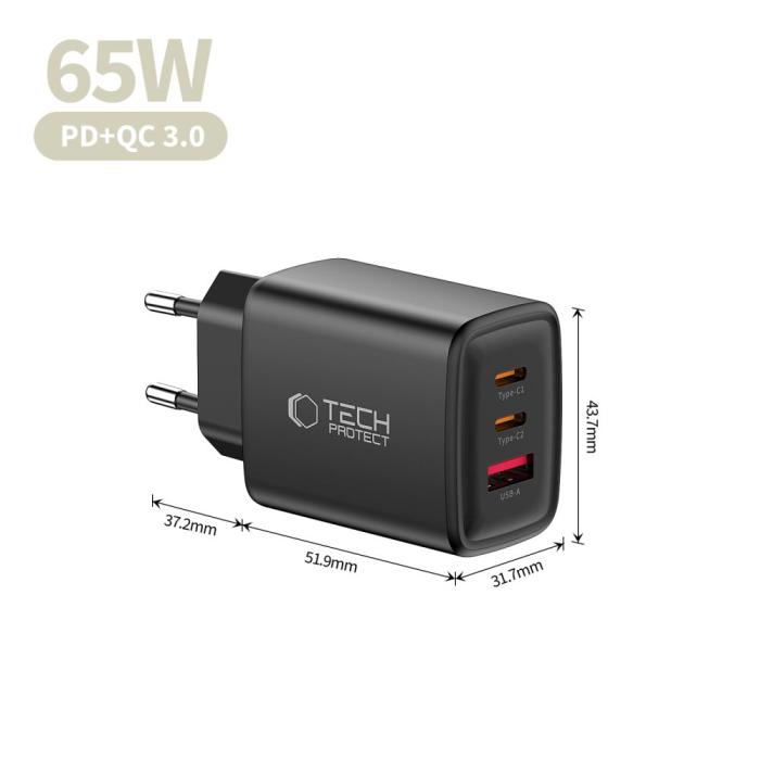 Bild 6, Tech-Protect Tech-Protect 65W Väggladdare PD QC3.0 USB-C / USB-A Svart