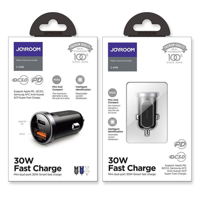 Bild 5, JOYROOM Joyroom Mini 30W 5A PD QC USB-C / USB Billaddare - Mörk Blå
