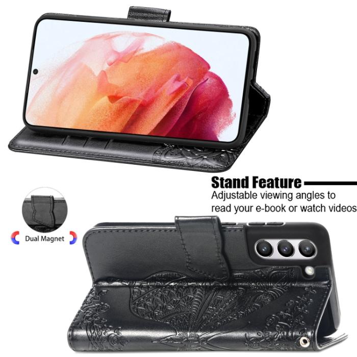 Bild 4,  Samsung Galaxy S21 FE Fodral Big Butterfly Läder Svart