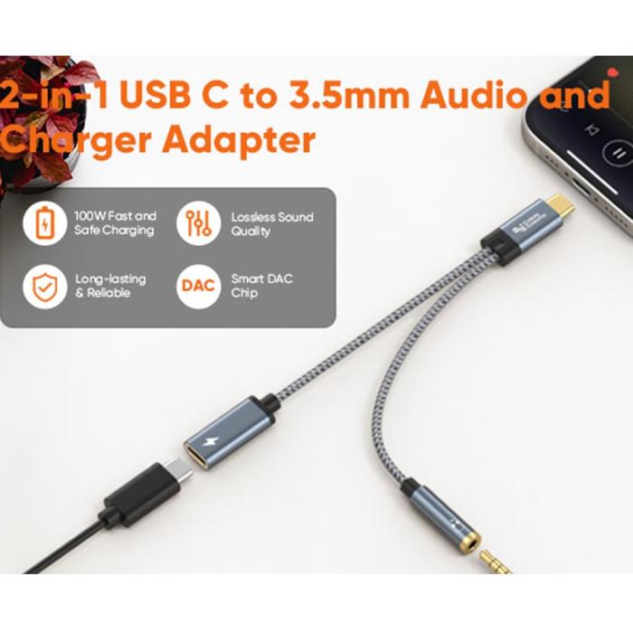 Bild 2, CableCreation CableCreation 60W PD 2in1 USB-C Till USB-C/AUX Adapter Grå