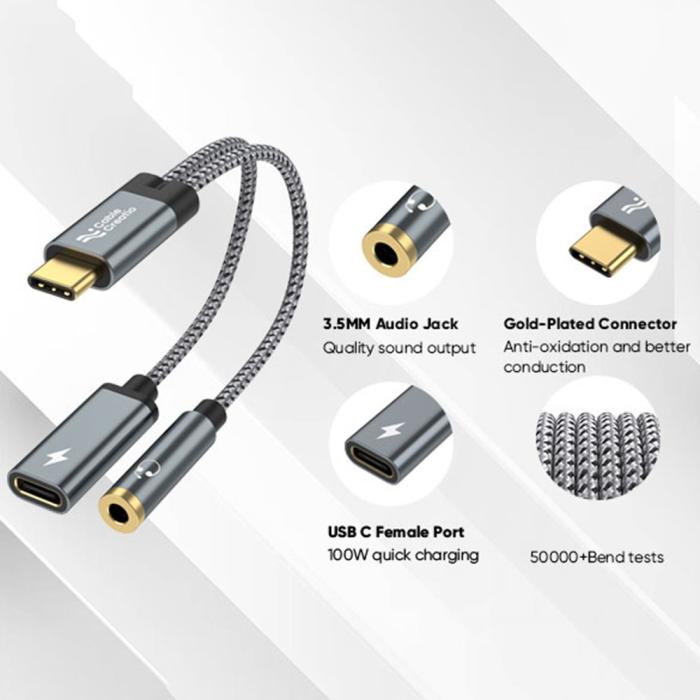 Bild 3, CableCreation CableCreation 60W PD 2in1 USB-C Till USB-C/AUX Adapter Grå