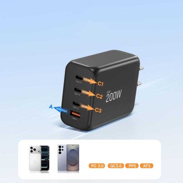 Bild 6, Tech-Protect Tech-Protect 200W Väggladdare PD QC3.0 USB-C / USB-A Svart