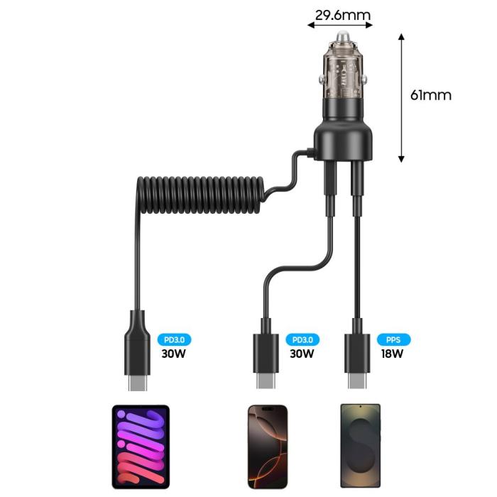 Bild 2, Tech-Protect Tech-Protect 60W PD USB-C/USB-A Billaddare Inkl. Kabel Svart