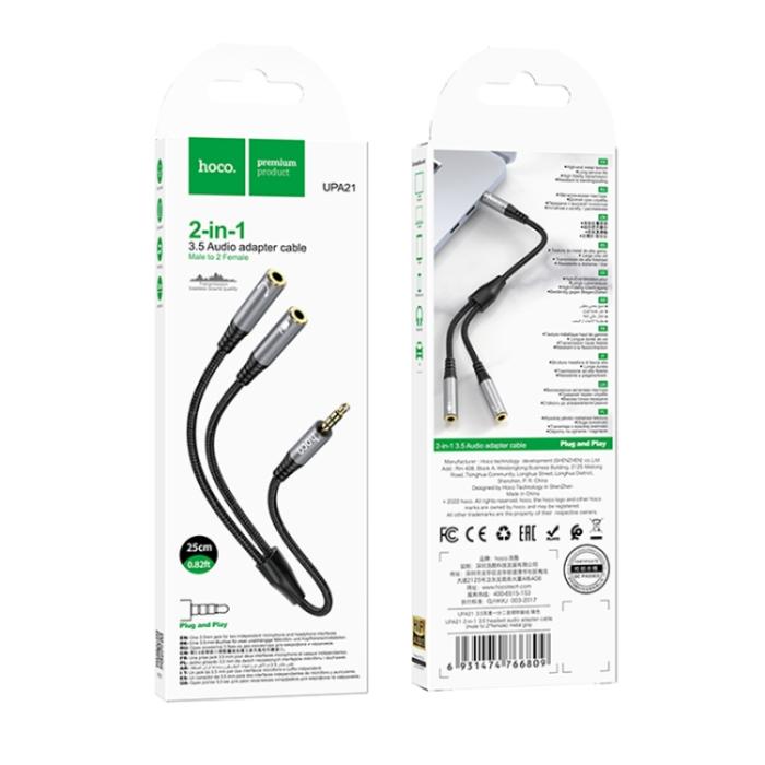 Bild 5, HOCO HOCO Split Adapter 3.5 mm Hane - 2x 3.5 mm Hona Grå