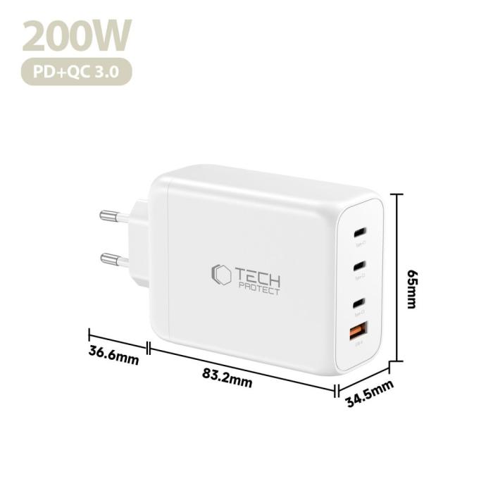 Bild 5, Tech-Protect Tech-Protect 200W Väggladdare PD QC3.0 USB-C / USB-A Vit