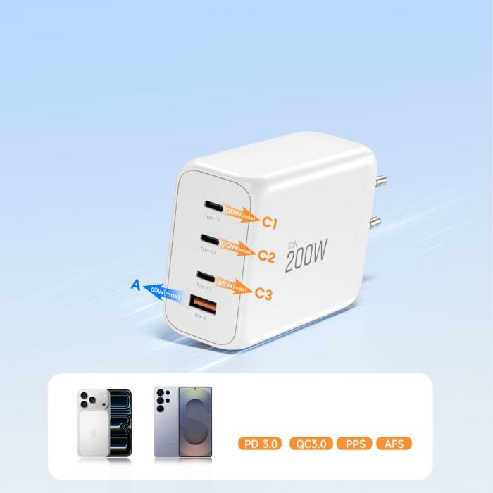 Bild 6, Tech-Protect Tech-Protect 200W Väggladdare PD QC3.0 USB-C / USB-A Vit