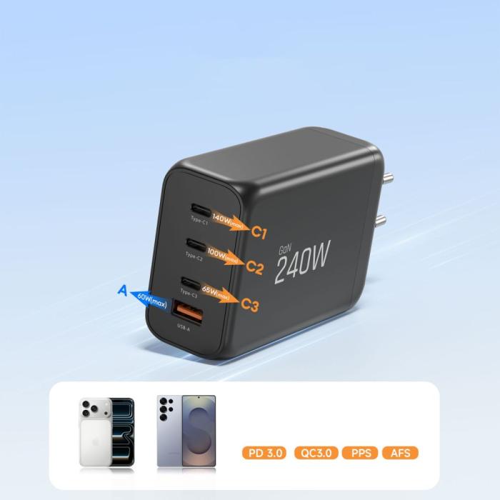 Bild 6, Tech-Protect Tech-Protect 240W Väggladdare PD QC3.0 USB-C / USB-A Svart