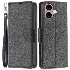  iPhone 16 Plus Fodral Litchi Shark L&auml;der Svart