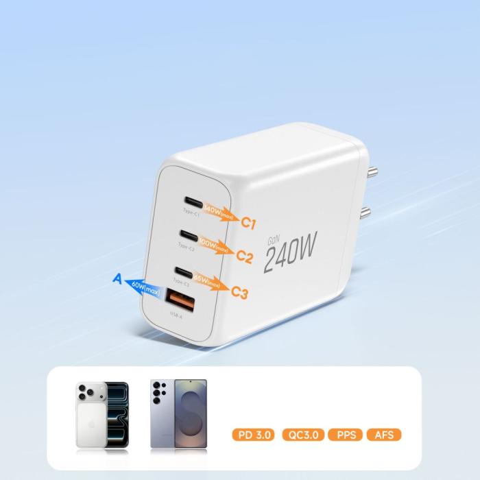 Bild 6, Tech-Protect Tech-Protect 240W Väggladdare PD QC3.0 USB-C / USB-A Vit