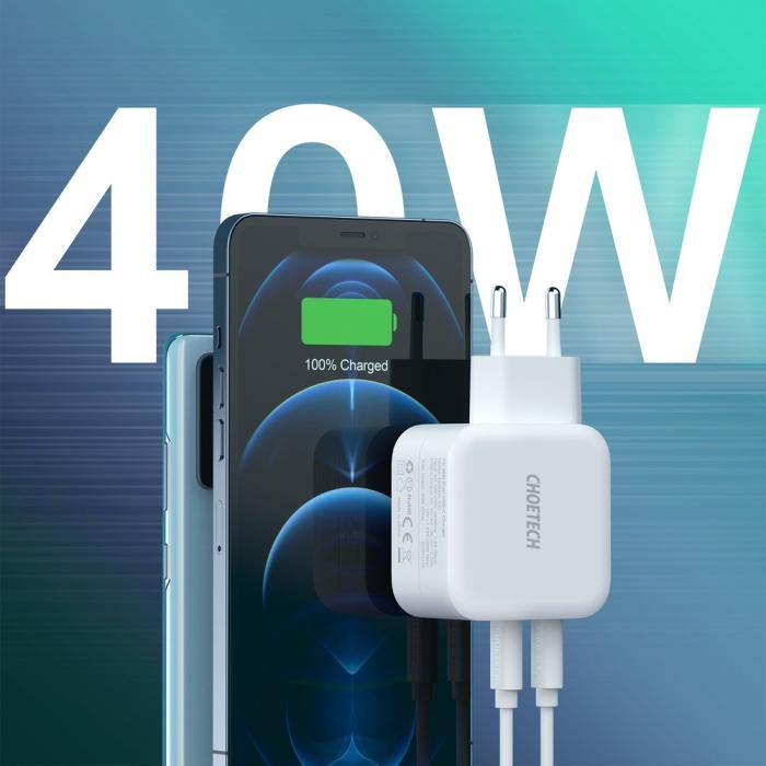 Bild 3, Choetech Choetech 40W 3A 2x USB-C Power Delivery Snabbladdare - Vit