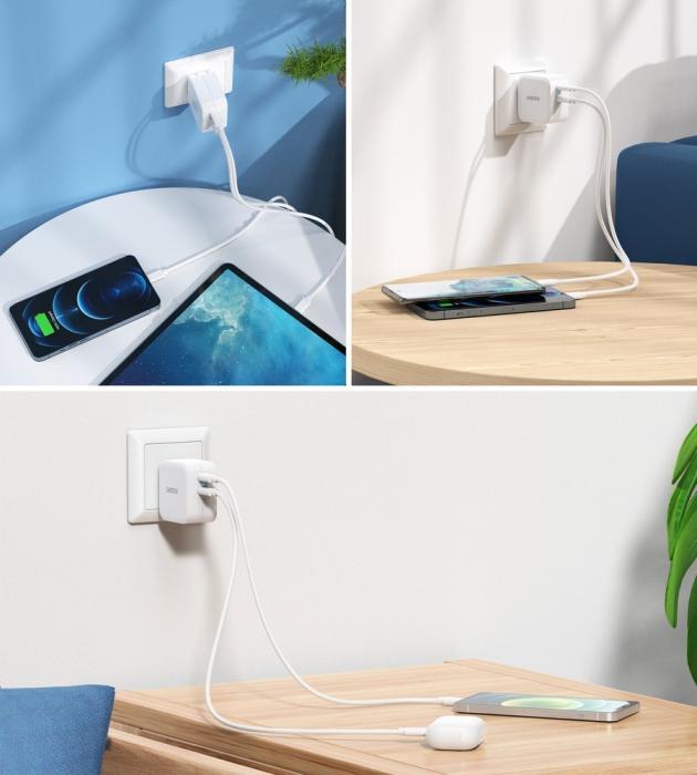Bild 4, Choetech Choetech 40W 3A 2x USB-C Power Delivery Snabbladdare - Vit