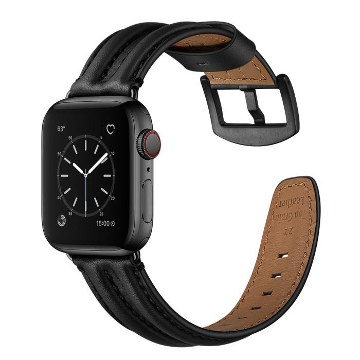 Bild 4,  Äkta Läder Armband Apple Watch 42/44/45/46/49 mm Svart