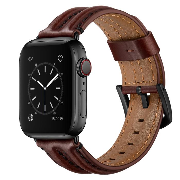 Bild 2,  Äkta Läder Armband Apple Watch 42/44/45/46/49 mm Mörk Brun
