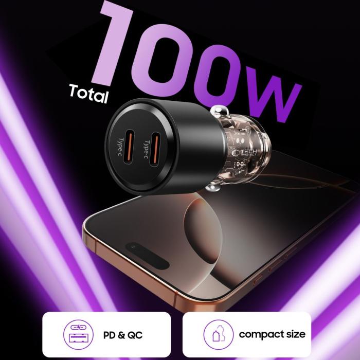 Bild 4, Tech-Protect Tech-Protect 100W PD USB-C / USB-A Billaddare Svart