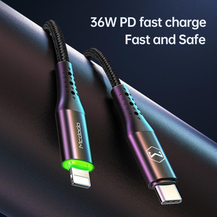 Bild 2, MCDODO Mcdodo 36W 1.2m USB-C - Lightning Kabel LED Svart