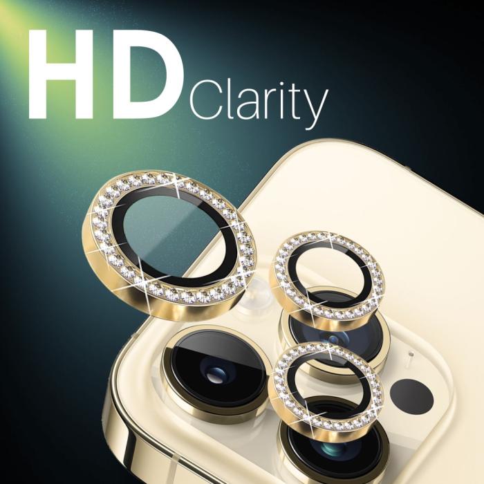 Bild 5, NORTHJO NORTHJO iPhone 15 Pro/Pro Max/14 Pro/Pro Max Linsskydd Strass 2-PACK Guld