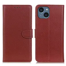  iPhone 15 Fodral Litchi L&auml;der Brun