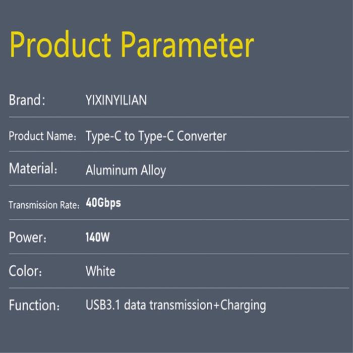 Bild 3,  140W USB 3.1 USB-C Hane till USB-C Hona Adapter 8K 40Gbps Vit
