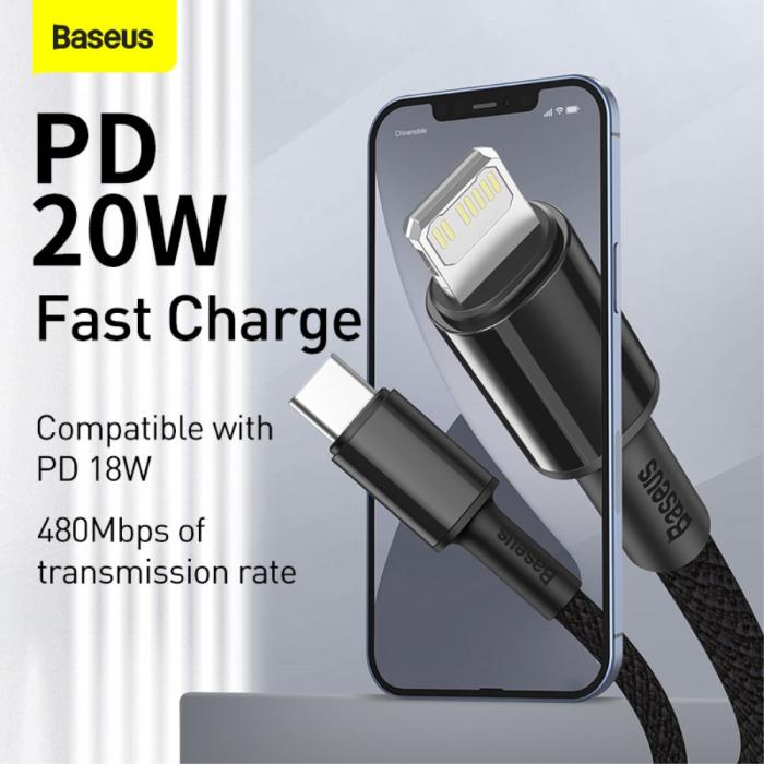 Bild 2, BASEUS BASEUS 2m 20W PD Type-C - Lightning Flätad Nylon Kabel - Svart