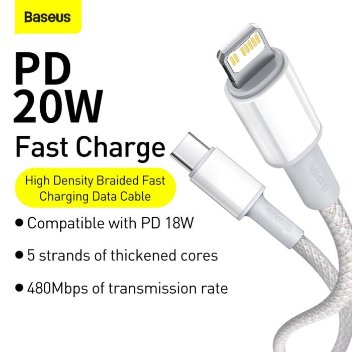 Bild 2, BASEUS BASEUS 2m 20W PD Type-C - Lightning Flätad Nylon Kabel - Vit