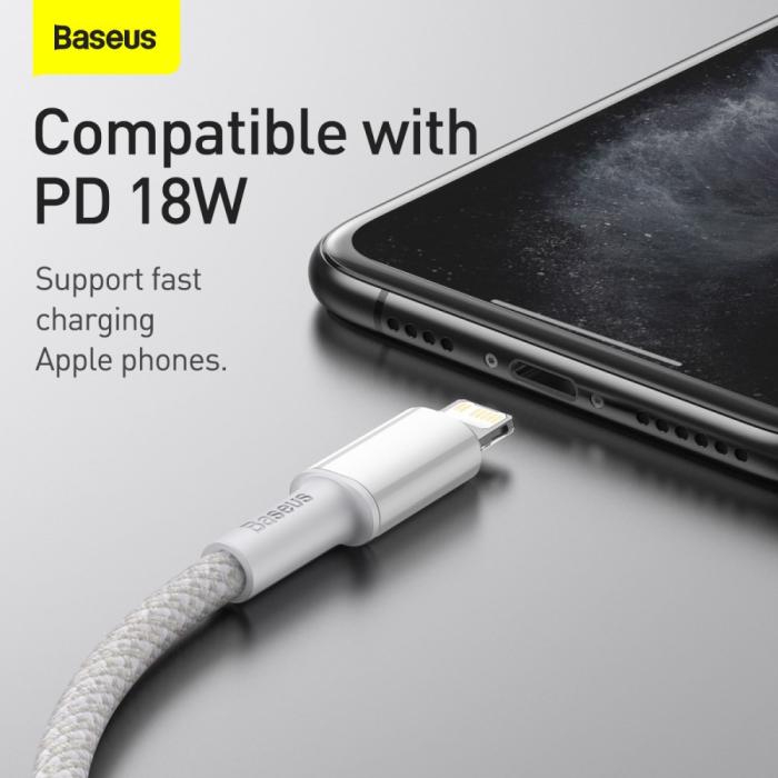 Bild 3, BASEUS BASEUS 2m 20W PD Type-C - Lightning Flätad Nylon Kabel - Vit