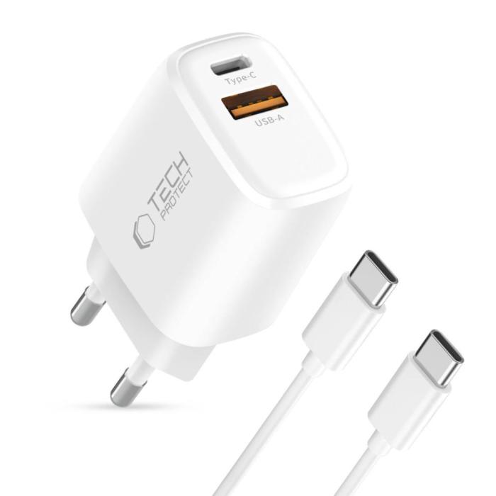Bild 2, Tech-Protect Tech-Protect 20W Väggladdare PD Inkl. USB-C - USB-C Kabel Vit