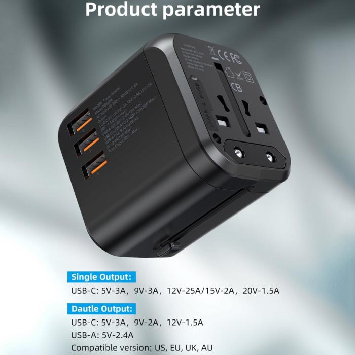 Bild 4, Choetech Choetech 35W PD Reseadapter 3x USB-A 1x USB-C Svart