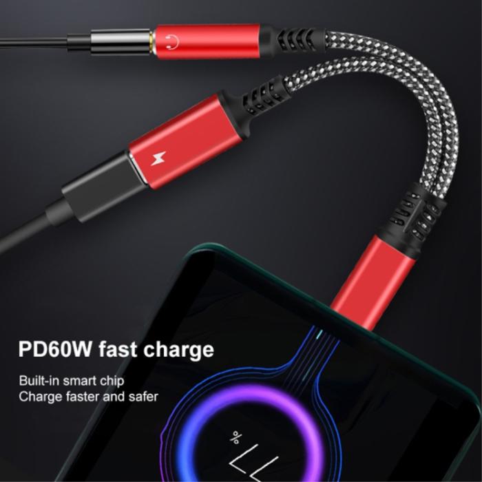 Bild 3,  60W PD 2in1 USB-C Till USB-C/AUX-Hona Adapter Silver