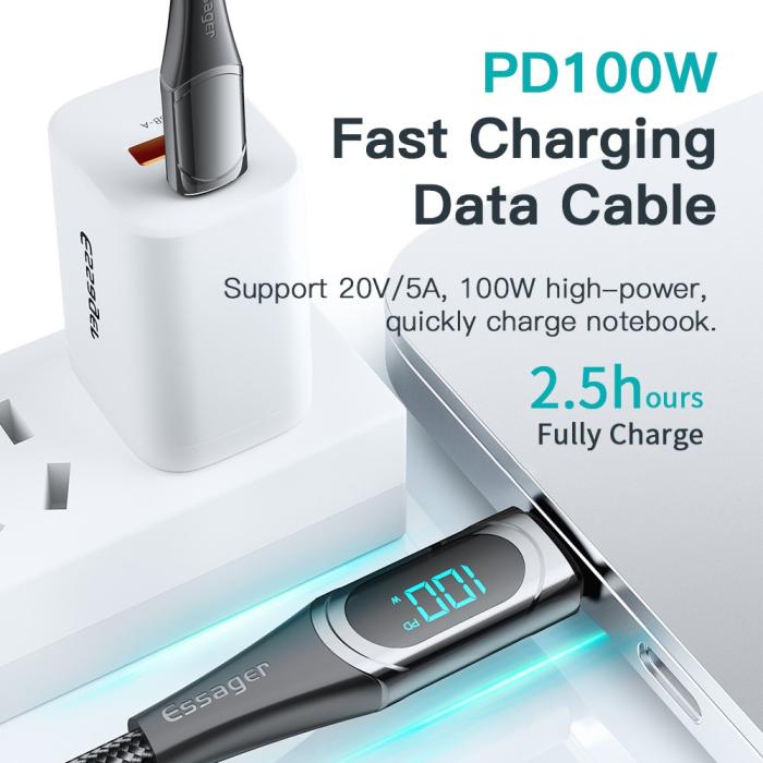 Bild 3, ESSAGER ESSAGER 1m 100W USB-C - USB-C LED Snabbladdning Blå
