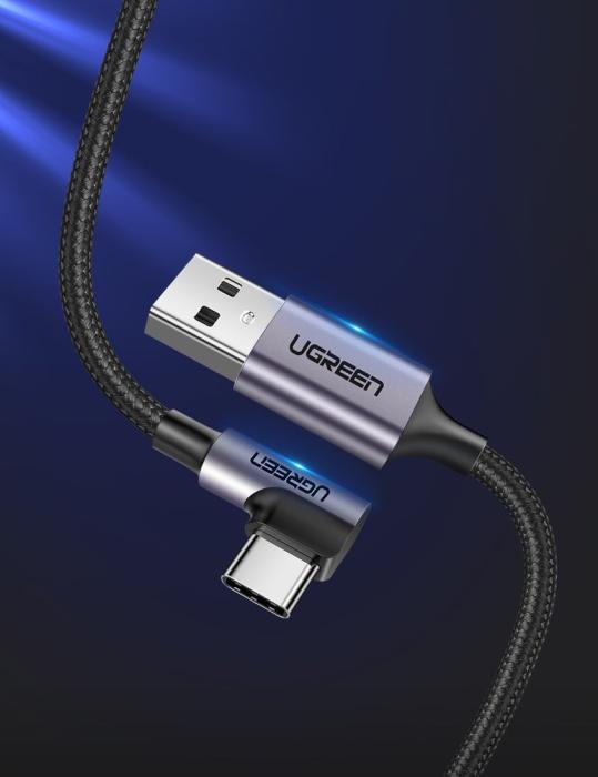 Bild 2, UGREEN Ugreen 2m 3A Elbow USB-C Flätad Nylonkabel - Grå