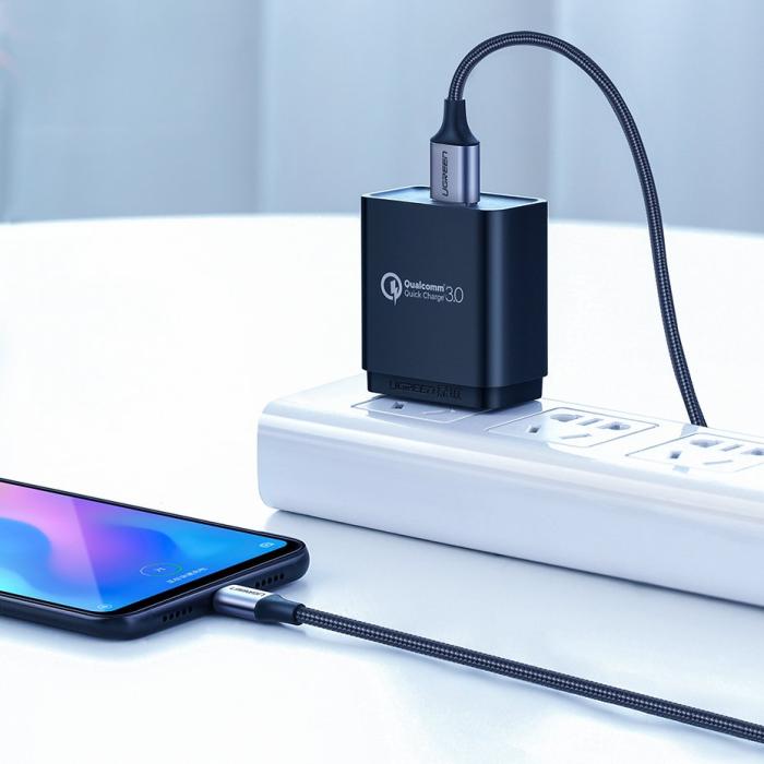 Bild 2, UGREEN Ugreen 3A 2m QC3.0 USB-C Flätad Nylonkabel - Grå