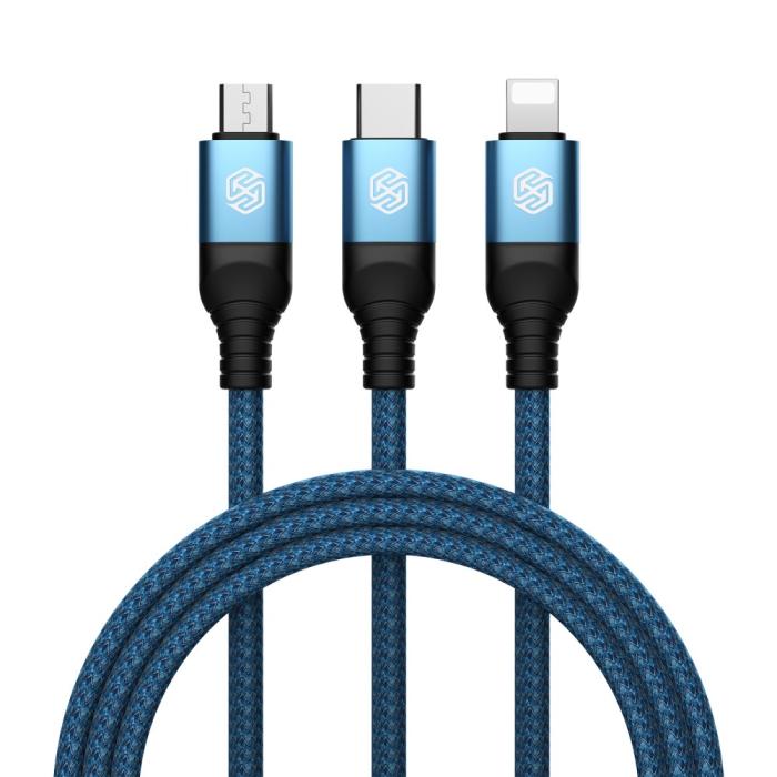 Bild 2, NILLKIN NILLKIN 4.4A 3in1 Lightning/USB-C/MicroUSB Laddningskabel Nylon Blå