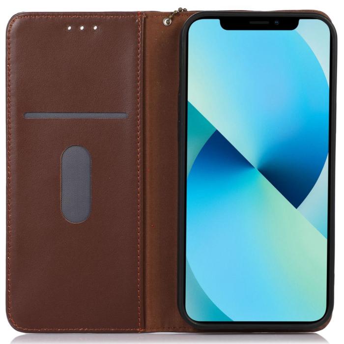 Bild 2, KHAZNEH KHAZNEH iPhone 15 Fodral RFID Flip Äkta Läder Brun