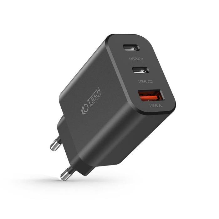 Bild 2, Tech-Protect Tech-Protect 30W PD/QC Väggladdare 2x USB-C 1x USB-A Svart