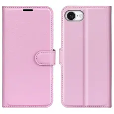  iPhone 17e / 16e Fodral Litchi L&auml;der Ljus Rosa