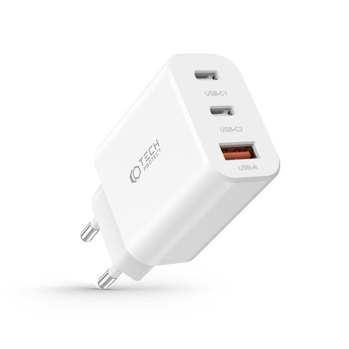 Bild 2, Tech-Protect Tech-Protect 30W PD/QC Väggladdare 2x USB-C 1x USB-A Vit