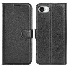  iPhone 17e / 16e Fodral Litchi L&auml;der Svart
