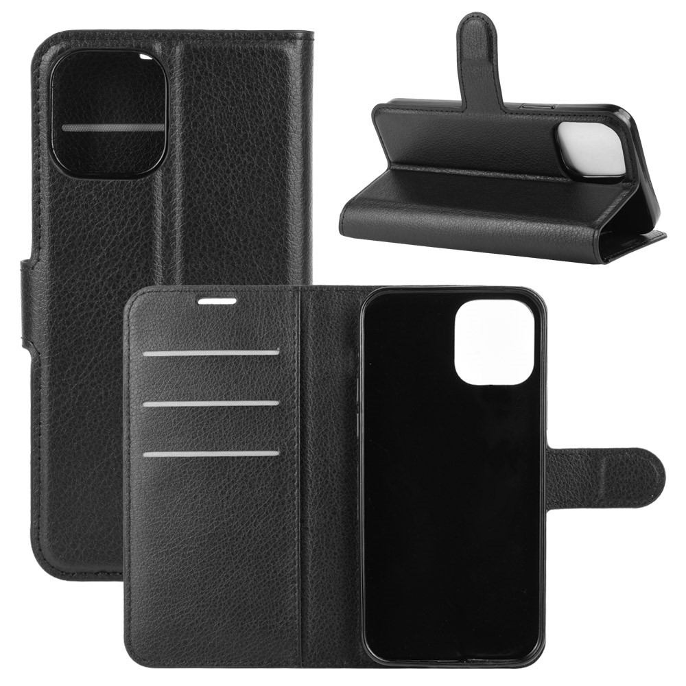  iPhone 12 Pro Max Fodral Litchi Läder Svart