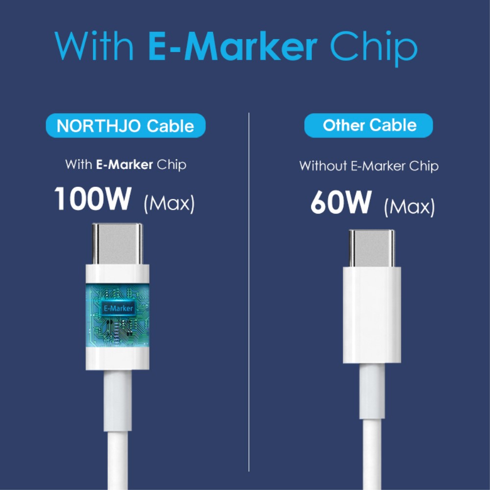 NORTHJO NORTHJO 1m 100W PD USB-C - USB-C Snabbladdnings Kabel Vit