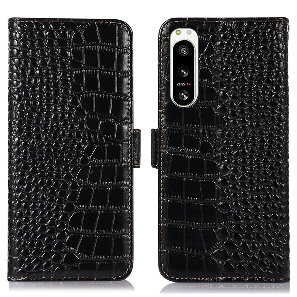  Sony Xperia 5 IV Fodral Äkta Läder Krokodil Textur Svart