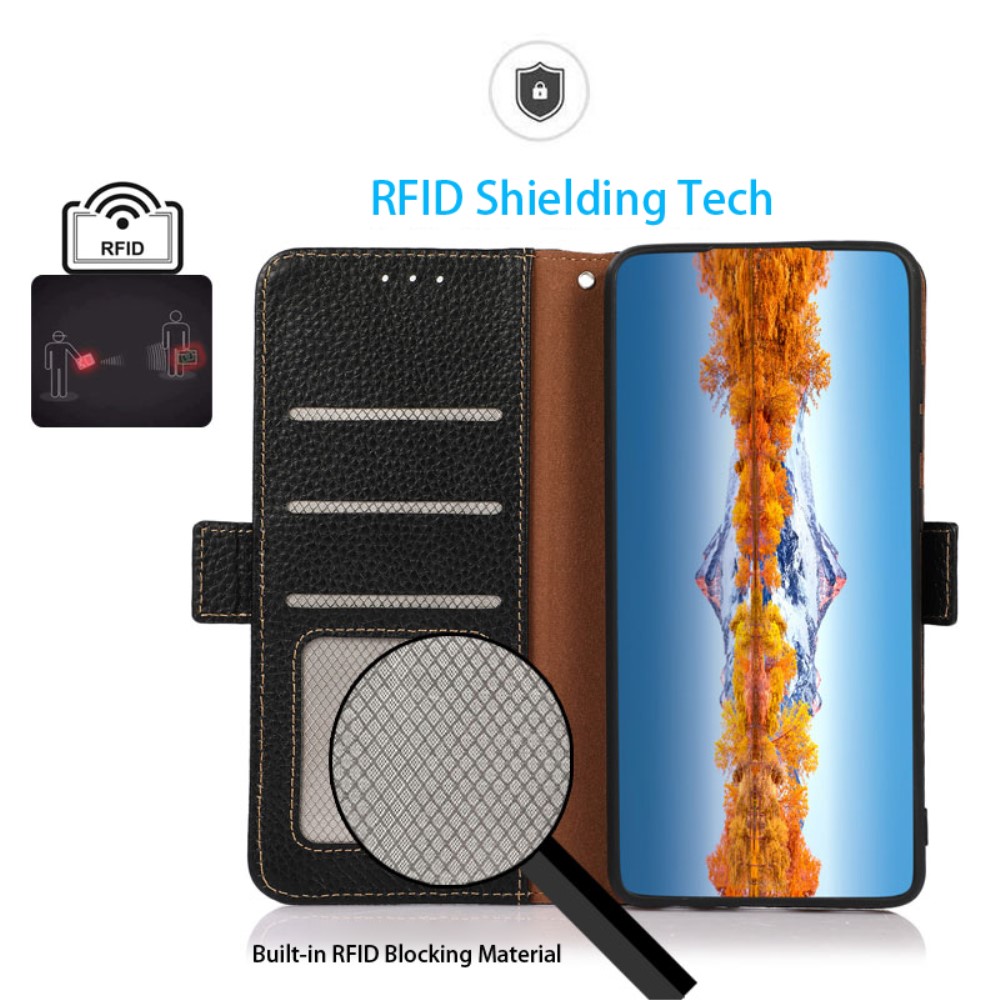 KHAZNEH KHAZNEH Galaxy S23 Fodral RFID Litchi Äkta Läder Svart